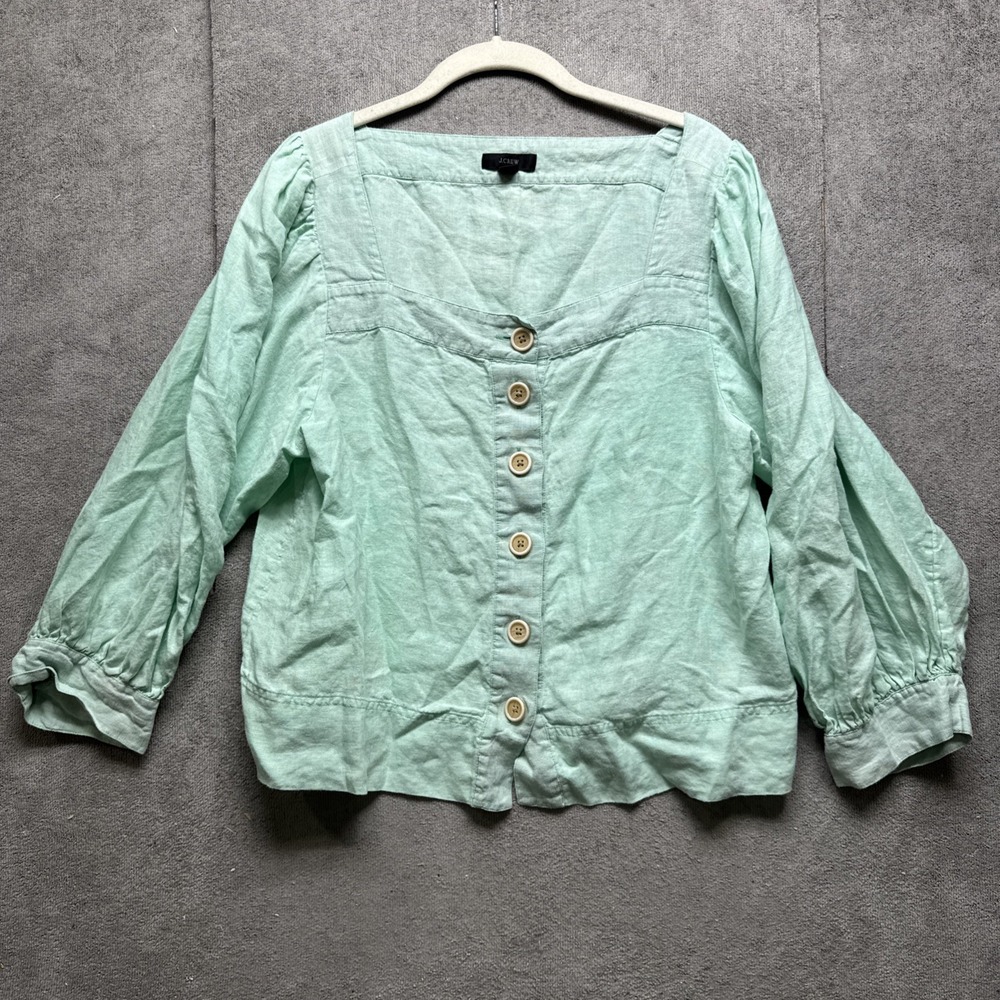 J.Crew Women's Green Linen Button Front Top Large Relaxed Fit Summer Blouse